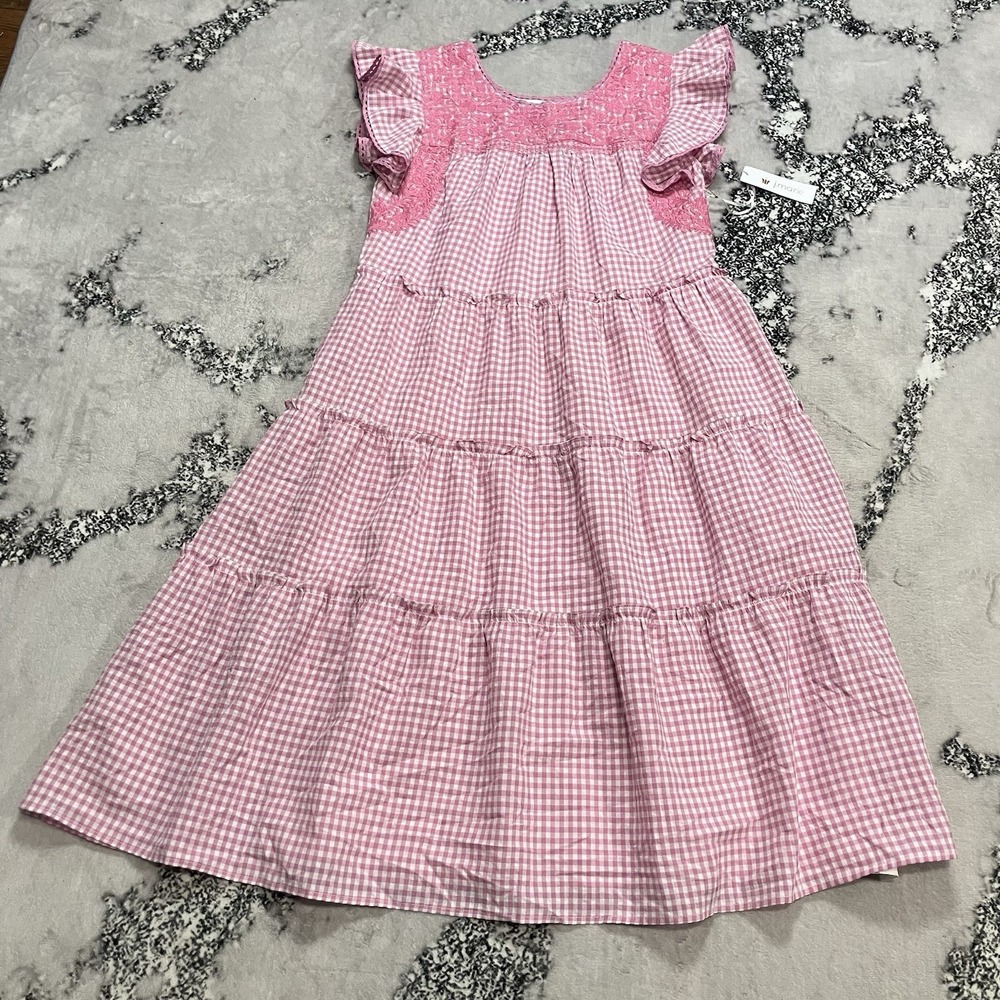 J.Marie Pink Gingham Tiered Dress Embroidered Yoke Ruffle‎ Sleeve NWT Size M
